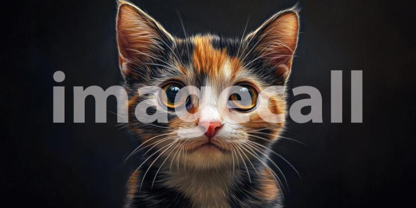 Surprised Cat in Vibrant Lighting: Fluffy Feline with Bright Green Eyes Illuminated by Shades of Blue, Orange, and Pink