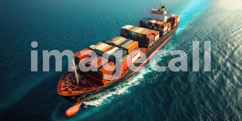 Cargo Ship on Calm Ocean: Vessel Loaded with Colorful Shipping Containers Moving Forward on a Sunny Day, Highlighting Global Trade and Maritime Transport