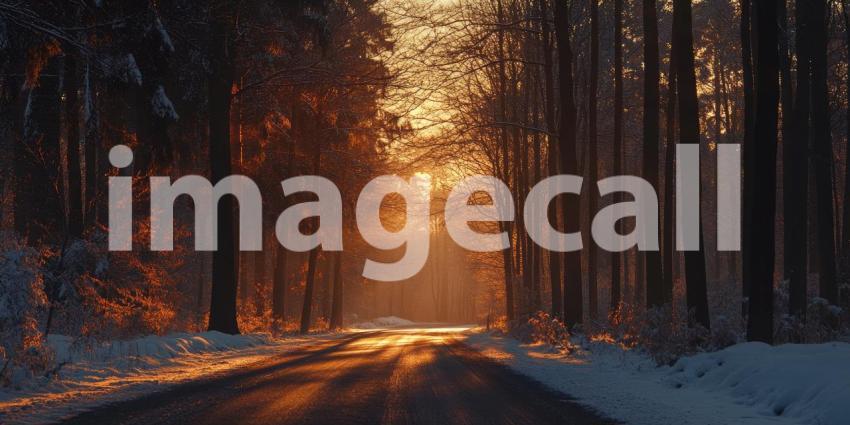 Tranquil Winter Road through Misty Forest: Bare Trees, Snow-Covered Ground, and Golden Sunlight Creating an Ethereal Atmosphere