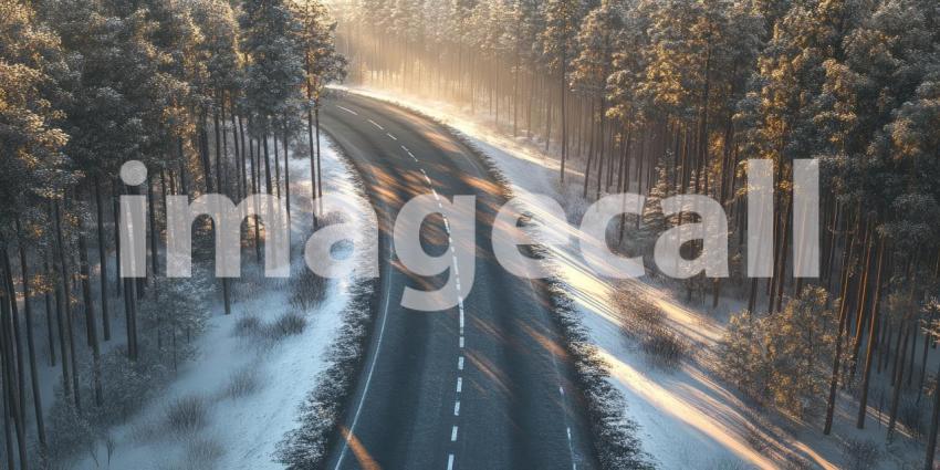 Tranquil Winter Road through Misty Forest: Bare Trees, Snow-Covered Ground, and Golden Sunlight Creating an Ethereal Atmosphere