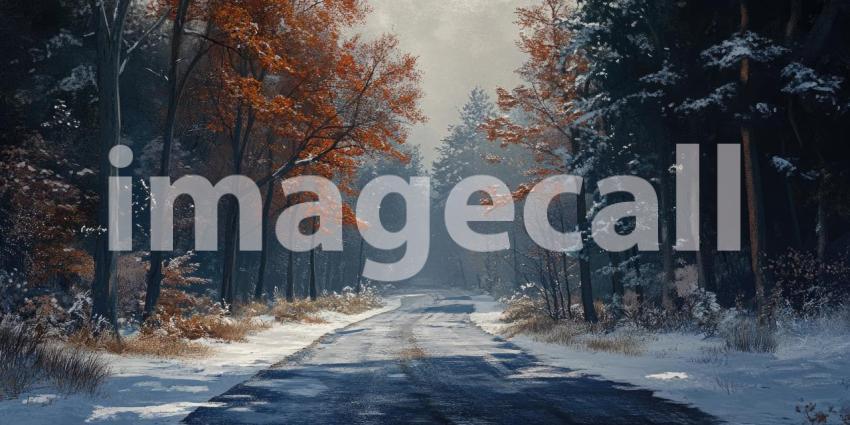 Tranquil Winter Road through Misty Forest: Bare Trees, Snow-Covered Ground, and Golden Sunlight Creating an Ethereal Atmosphere