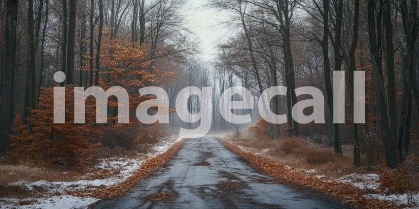 Tranquil Winter Road through Misty Forest: Bare Trees, Snow-Covered Ground, and Golden Sunlight Creating an Ethereal Atmosphere