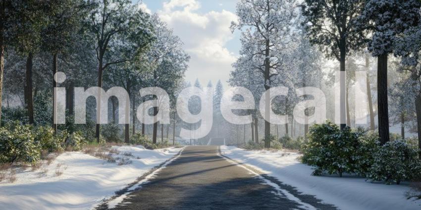 Tranquil Winter Road through Misty Forest: Bare Trees, Snow-Covered Ground, and Golden Sunlight Creating an Ethereal Atmosphere