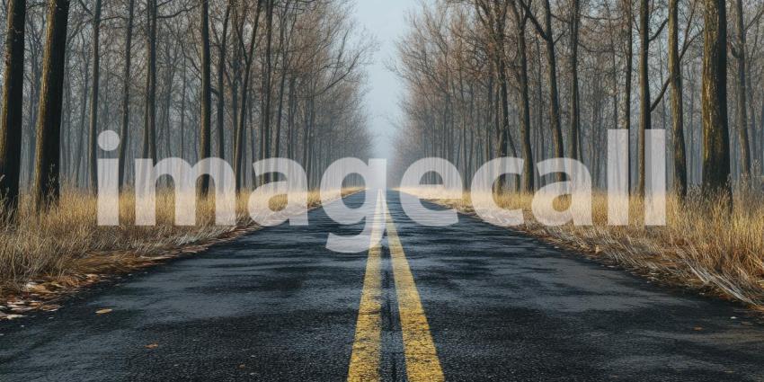 Tranquil Winter Road through Misty Forest: Bare Trees, Snow-Covered Ground, and Golden Sunlight Creating an Ethereal Atmosphere