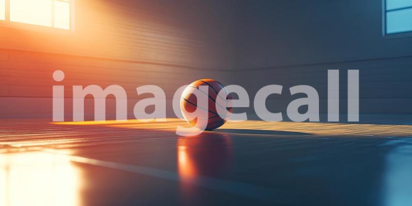 A solitary basketball awaits its next bounce, glistening under the rain-soaked court