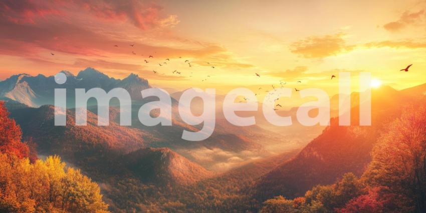 A Fiery Sunset Over Misty Mountains, Nature's Canvas Aflame