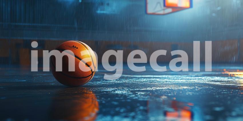 A solitary basketball awaits its next bounce, glistening under the rain-soaked court