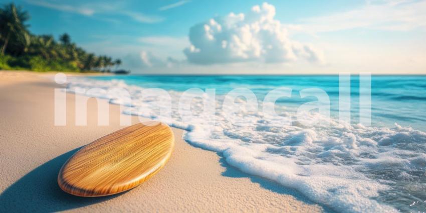 A wooden surfboard awaits the perfect wave on a pristine tropical beach