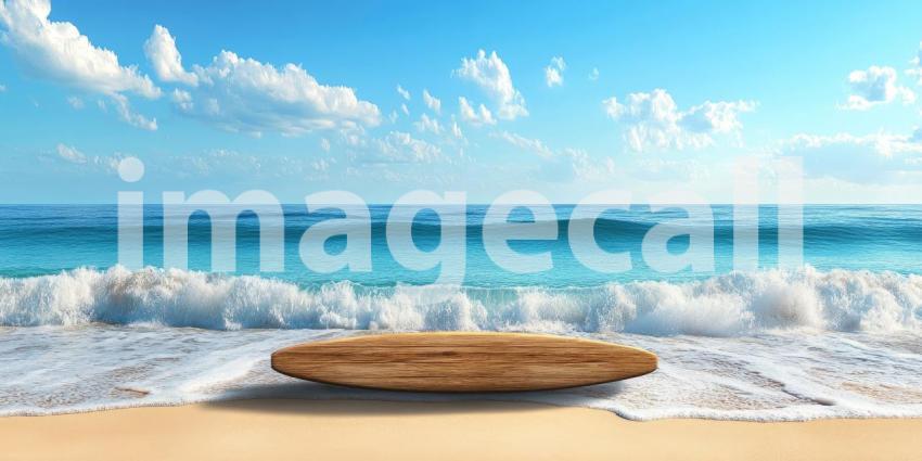 A wooden surfboard awaits the perfect wave on a pristine tropical beach