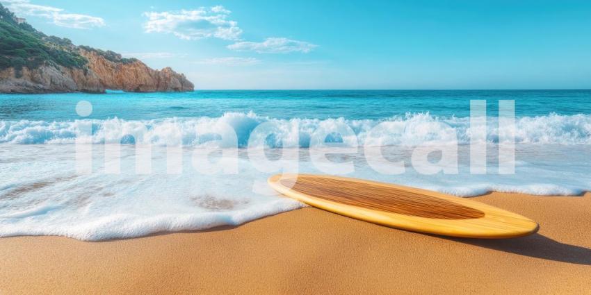 A wooden surfboard awaits the perfect wave on a pristine tropical beach
