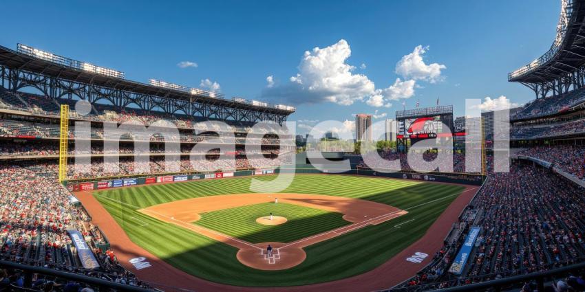 A majestic baseball stadium basks in the sunlight, ready for the roar of the crowd