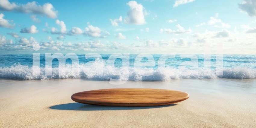 A wooden surfboard awaits the perfect wave on a pristine tropical beach