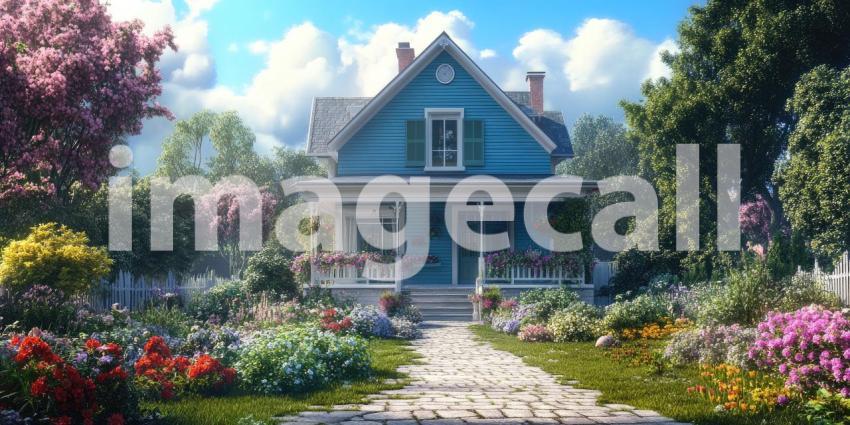 A charming cottage nestled amidst a vibrant garden awaits