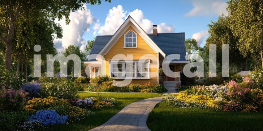 A charming cottage nestled amidst a vibrant garden awaits