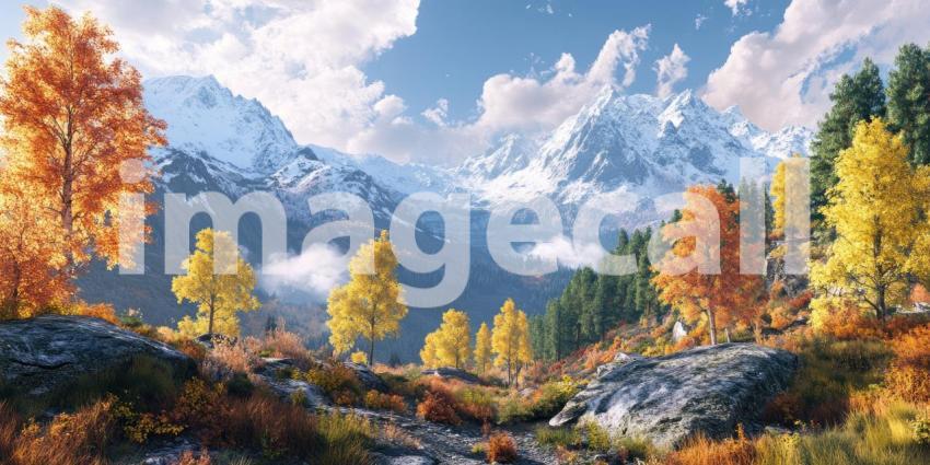 A serene autumnal landscape unfolds, where a winding river meets the majestic snow-capped mountains