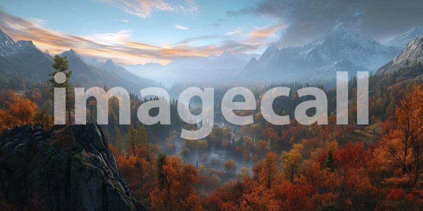 A serene autumnal landscape unfolds, where a winding river meets the majestic snow-capped mountains