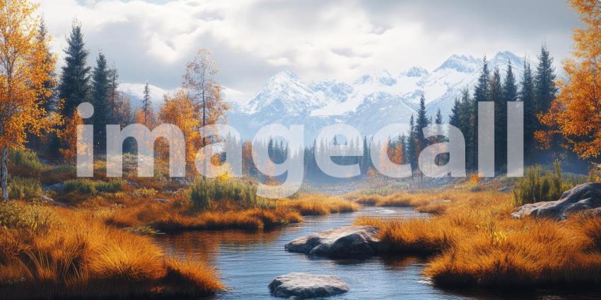 A serene autumnal landscape unfolds, where a winding river meets the majestic snow-capped mountains
