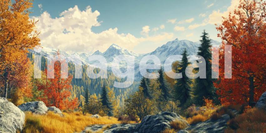 A serene autumnal landscape unfolds, where a winding river meets the majestic snow-capped mountains