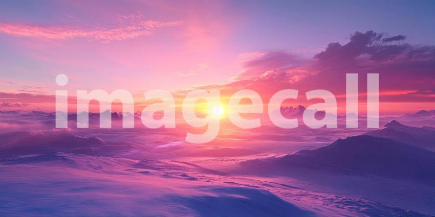 A breathtaking sunrise paints the sky in hues of pink and purple, casting a magical glow over the snow-capped mountains