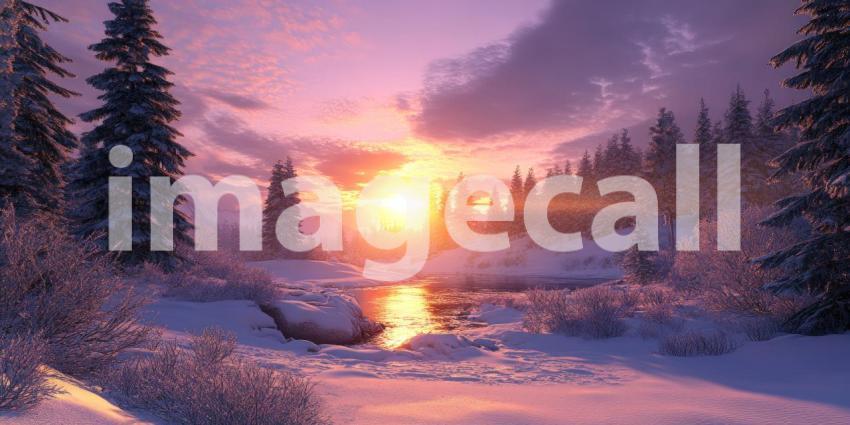 A breathtaking sunrise paints the sky in hues of pink and purple, casting a magical glow over the snow-capped mountains