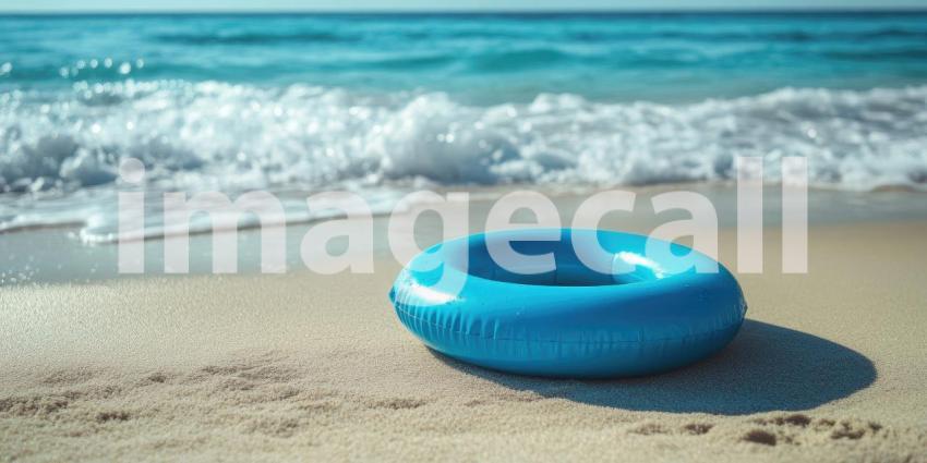 A blue inflatable ring awaits the next wave on a sunny beach