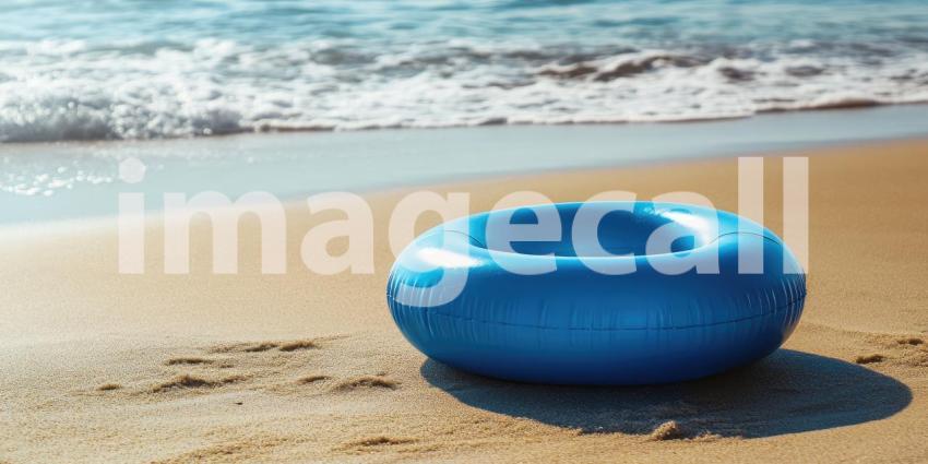 A blue inflatable ring awaits the next wave on a sunny beach