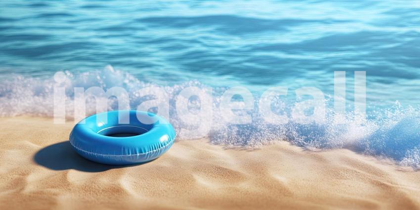 A blue inflatable ring awaits the next wave on a sunny beach