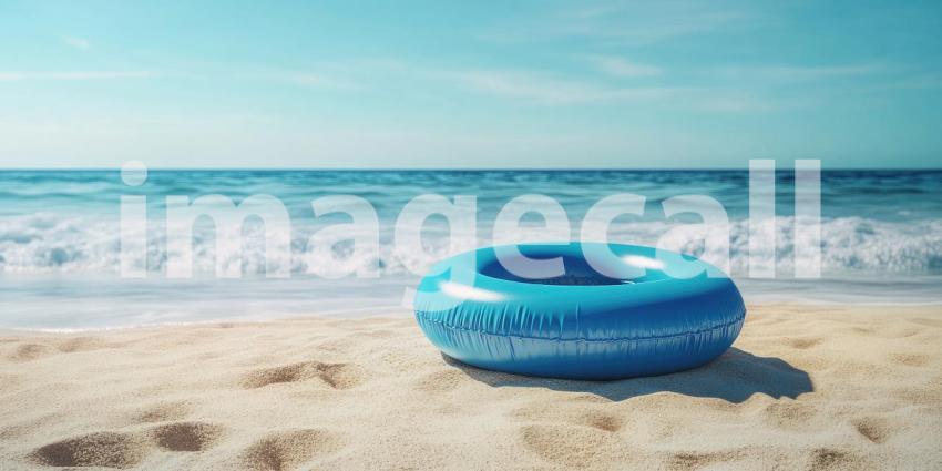 A blue inflatable ring awaits the next wave on a sunny beach