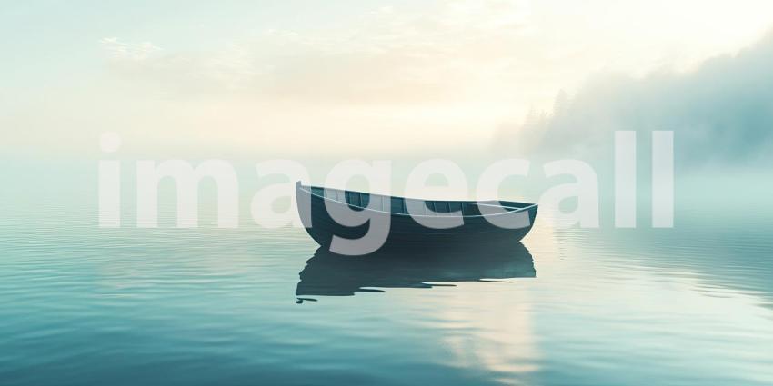A solitary boat drifts on a tranquil lake shrouded in mist