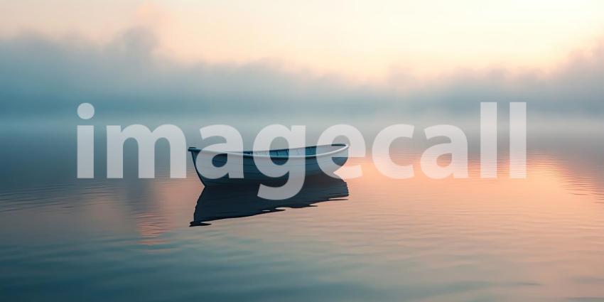 A solitary boat drifts on a tranquil lake shrouded in mist