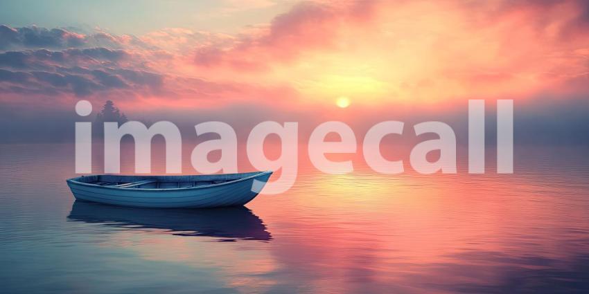 A solitary boat drifts on a tranquil lake shrouded in mist