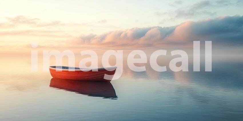 A solitary boat drifts on a tranquil lake shrouded in mist