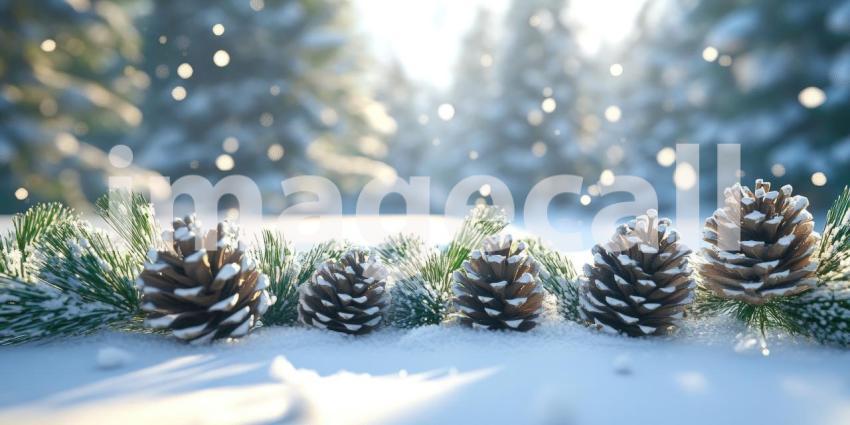 Pine cones dusted with snow, a winter wonderland