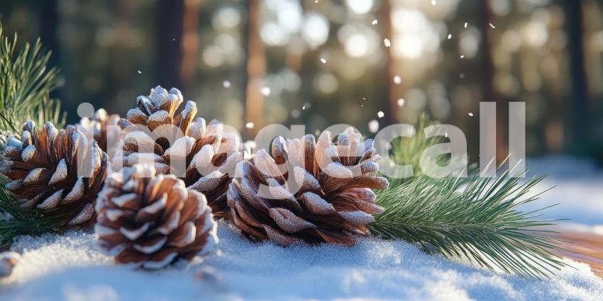 Pine cones dusted with snow, a winter wonderland