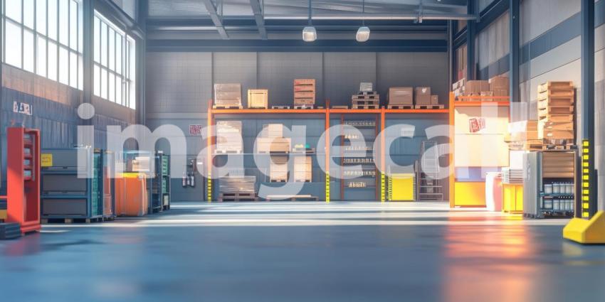 A sunbeam illuminates the path through a bustling warehouse