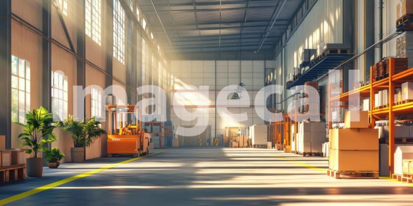 A sunbeam illuminates the path through a bustling warehouse