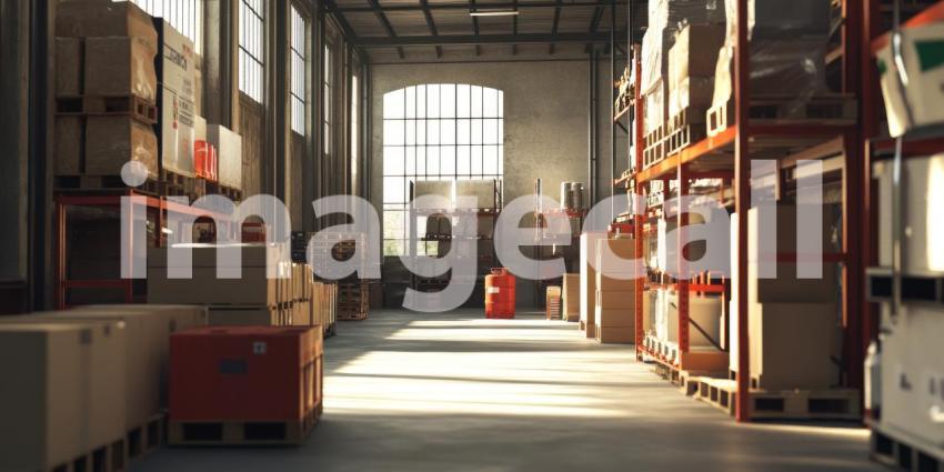 A sunbeam illuminates the path through a bustling warehouse