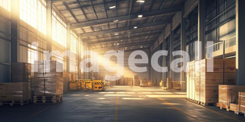 A sunbeam illuminates the path through a bustling warehouse