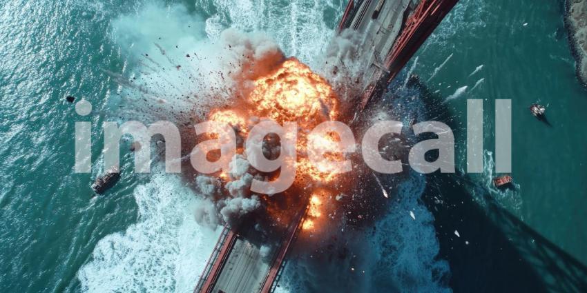 Dramatic Bridge Explosion: Aerial View of Fire and Smoke Engulfing a Metal Bridge, with Debris Scattering into the Disturbed Water Below