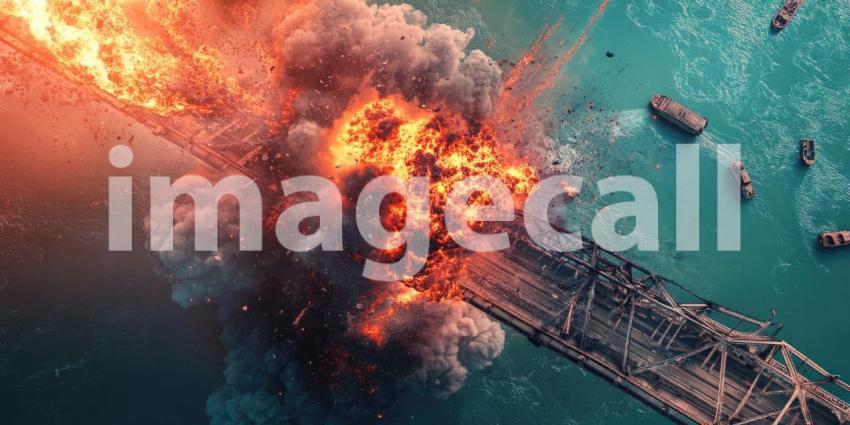Dramatic Bridge Explosion: Aerial View of Fire and Smoke Engulfing a Metal Bridge, with Debris Scattering into the Disturbed Water Below