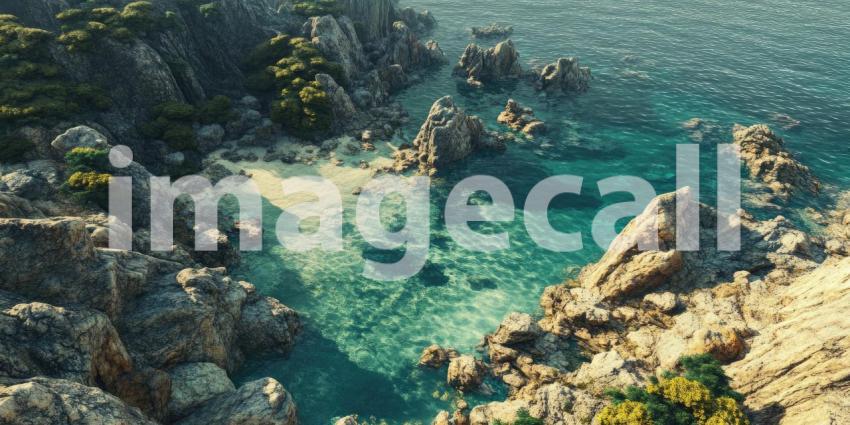 Serene Coastal Paradise: Clear Turquoise Water, Rocky Cliffs, and Sandy Beach with Lush Green Vegetation