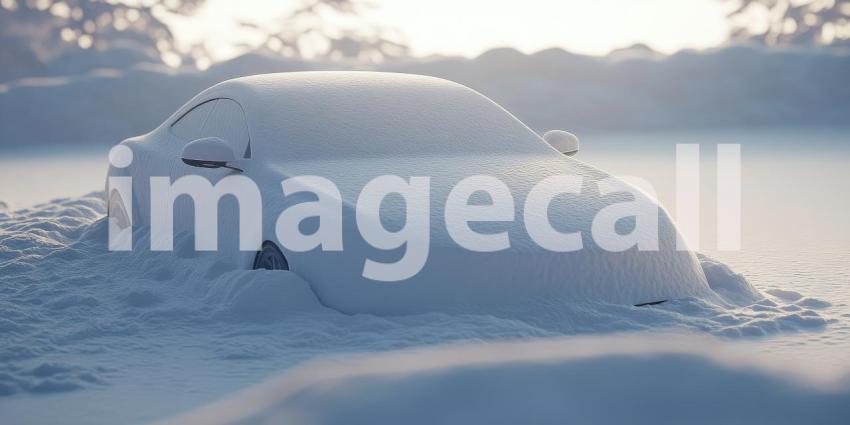 A sleek car navigates the snowy mountain pass, leaving a trail of winter magic