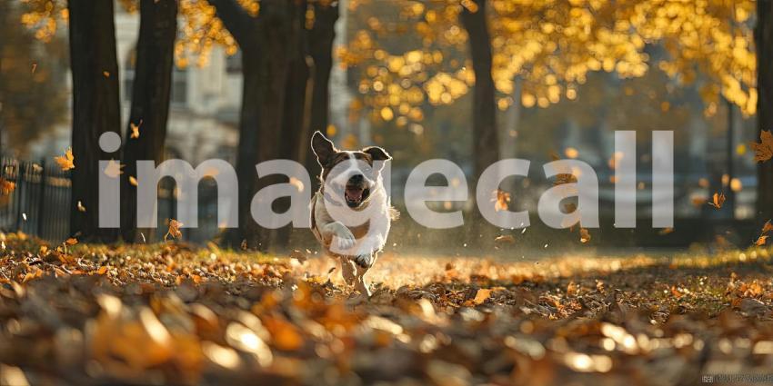 A joyful black dog bounds through a vibrant autumnal forest, leaves swirling around him as he revels in the beauty of the season