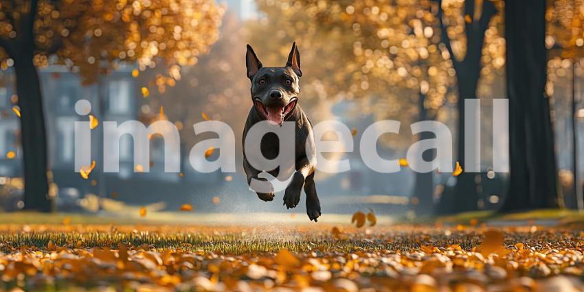 A joyful black dog bounds through a vibrant autumnal forest, leaves swirling around him as he revels in the beauty of the season