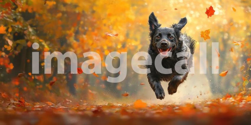 A joyful black dog bounds through a vibrant autumnal forest, leaves swirling around him as he revels in the beauty of the season