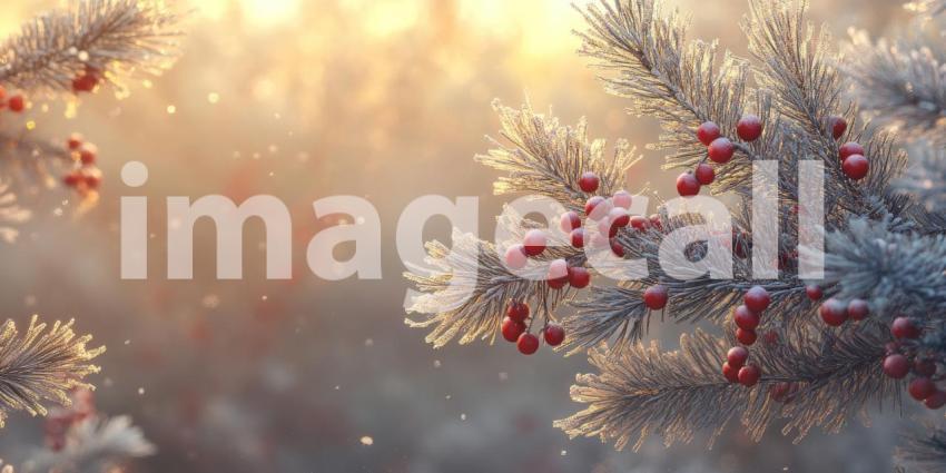 A cluster of vibrant red berries adorns a frost-kissed branch, a splash of color against the muted tones of the winter landscape