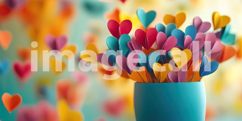 Against a vibrant backdrop of turquoise and sunset hues, a whimsical bouquet of paper hearts, crafted in a rainbow of colors, spills from a terracotta vase