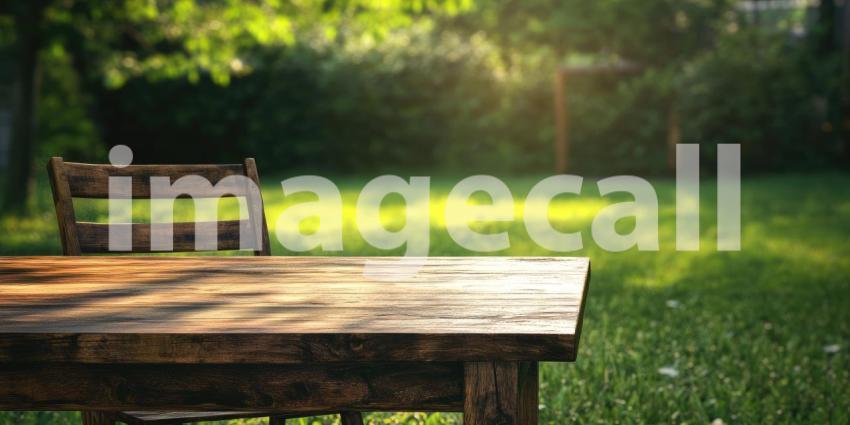 A rustic wooden table and chair beckon amidst a lush green garden, where sunlight filters through the leaves