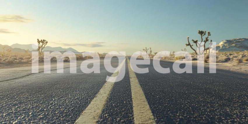 A solitary road stretches towards the horizon, vanishing into the vast expanse of the desert under a clear blue sky