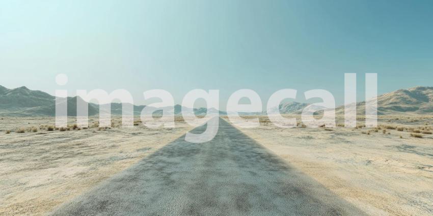 A solitary road stretches towards the horizon, vanishing into the vast expanse of the desert under a clear blue sky